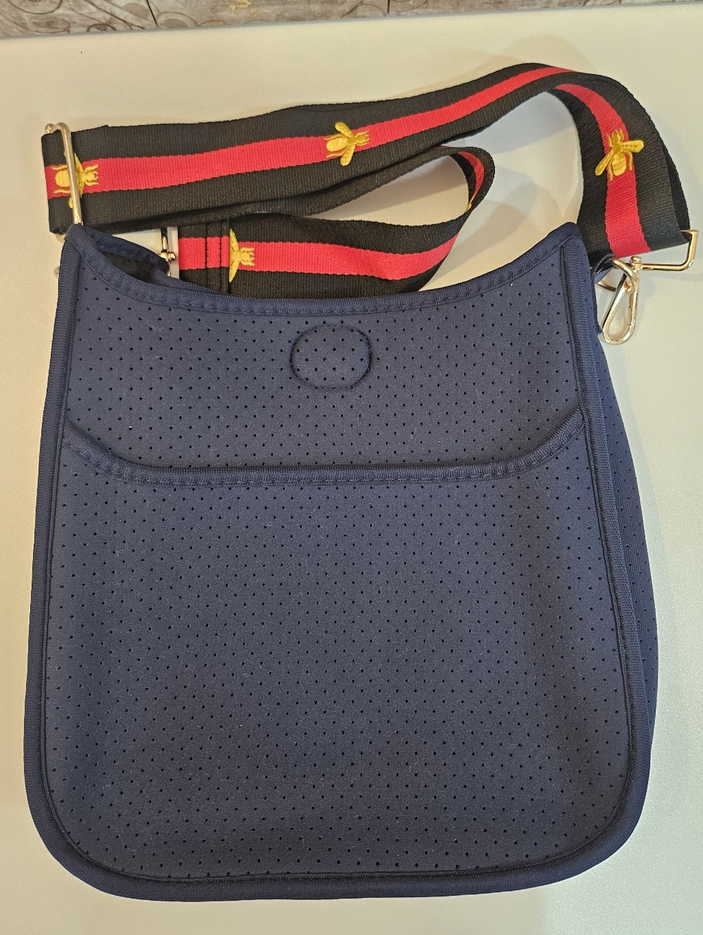 Ahdorned Navy Neoprene Crossbody Bag Interchangeable Bee Striped Strap